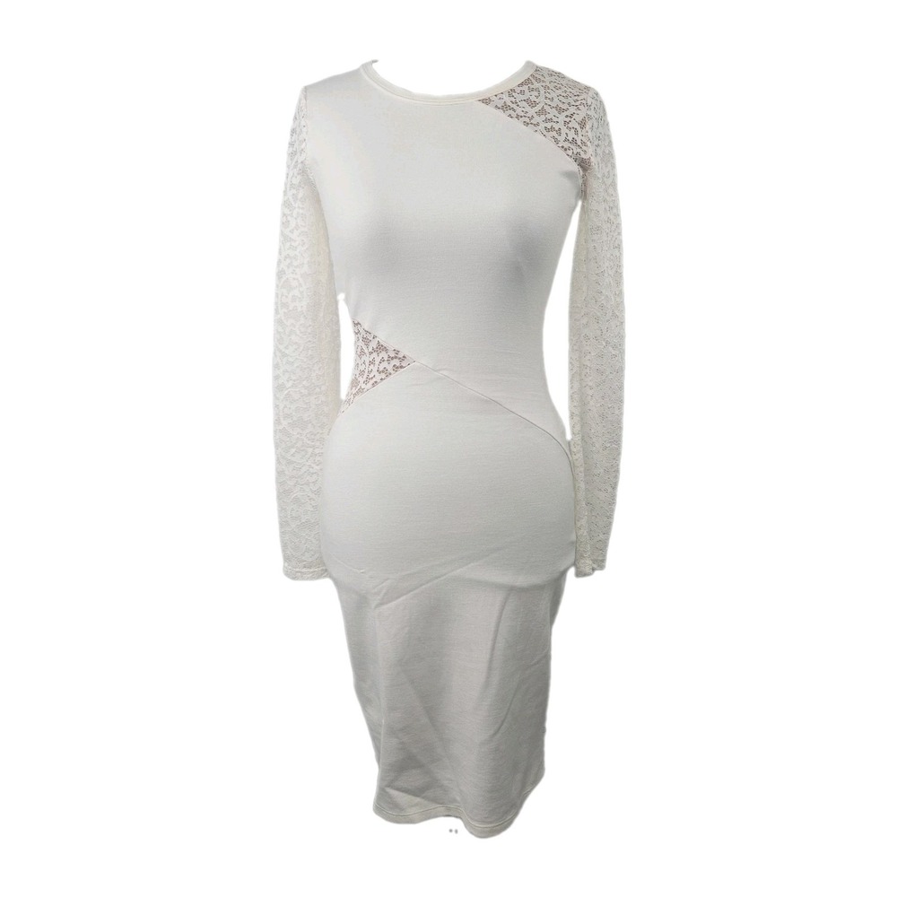 BCBG MAX AZRIA Jorden XS Off-white Lace Mesh‎ Contrast Long Sleeve Bodycon Dress